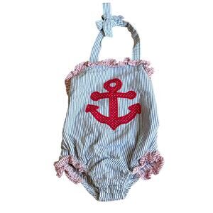 Southern Smocked Swimsuit & Patriotic Tutu 12-18M  Nautical Anchor 4th of July